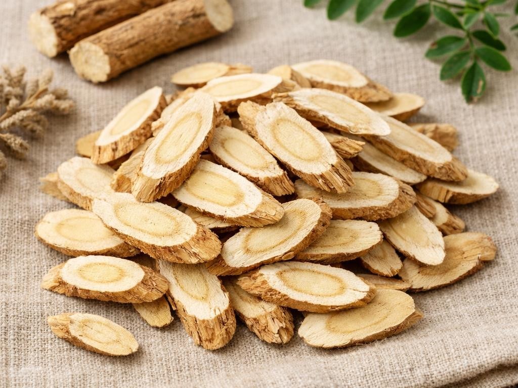 Sliced dried herbal roots arranged on burlap fabric with two whole roots and green leaves in background
