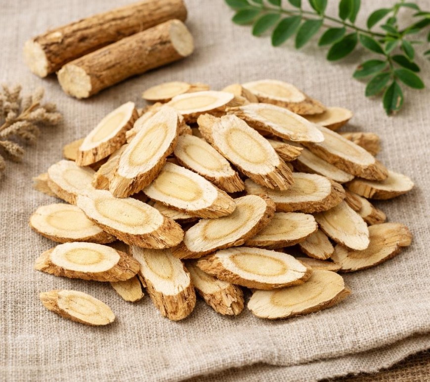 Sliced dried herbal roots arranged on burlap fabric with two whole roots and green leaves in background