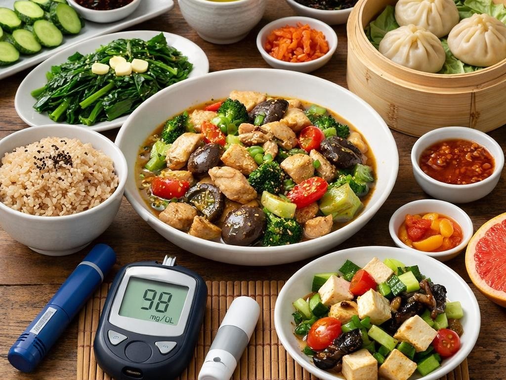Balanced meal with vegetables, tofu, dumplings, and glucose meter showing 98 mg/dL