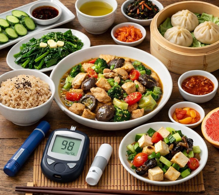 Balanced meal with vegetables, tofu, dumplings, and glucose meter showing 98 mg/dL