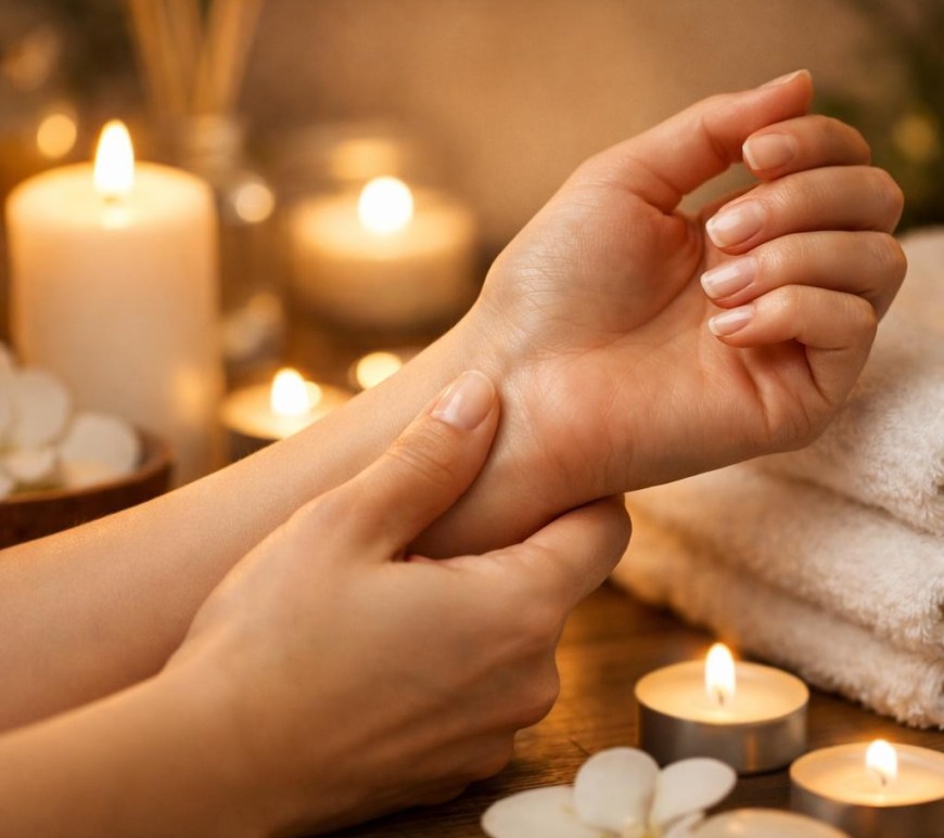 Hands giving a wrist massage with lit candles and spa elements around