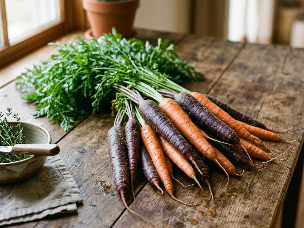Bunch of fresh orange and purple heirloom carrots with green leaves