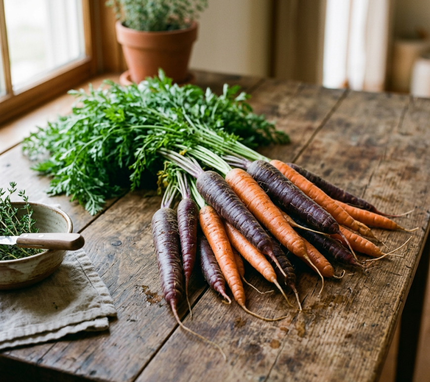 Bunch of fresh orange and purple heirloom carrots with green leaves